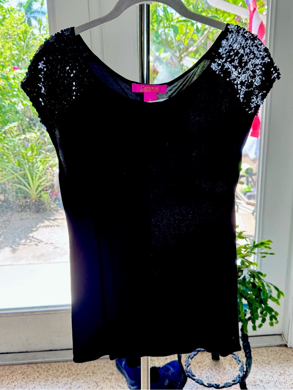 Catherines Black Short-Sleeve Tee with Sequin Cap Sleeves